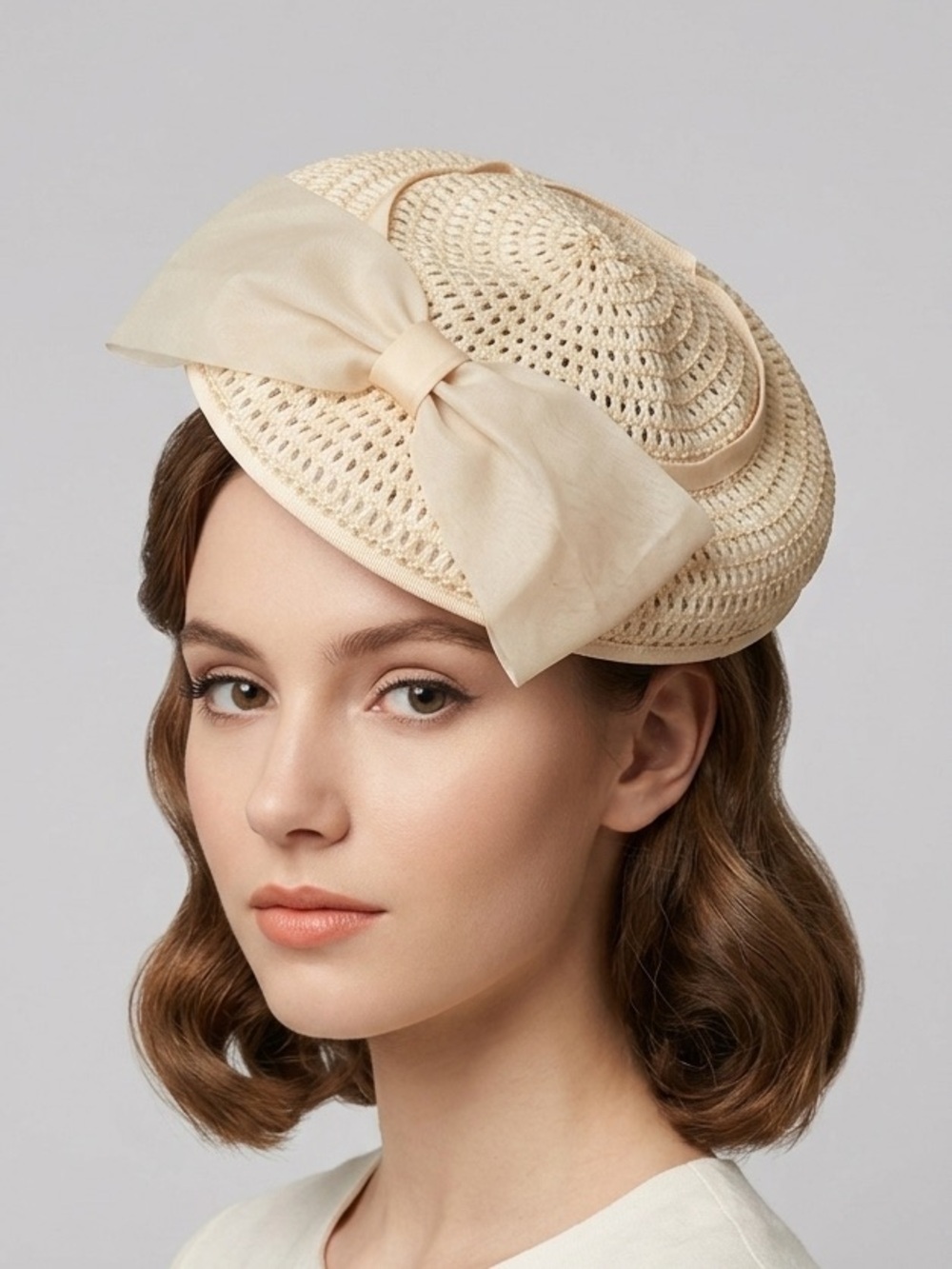 Vintage Straw Fascinator Hat w/ Organza Bow - O/S